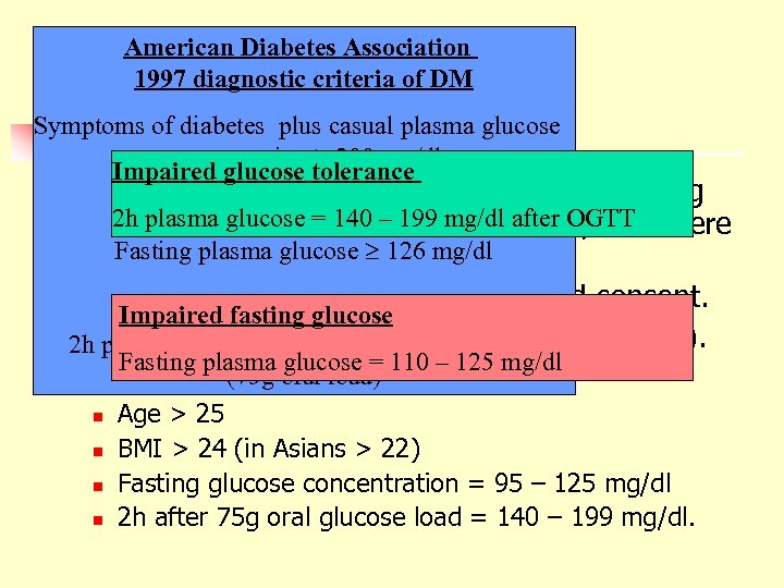 American Diabetes Association 1997 diagnostic criteria of DM Methods Symptoms of diabetes plus casual