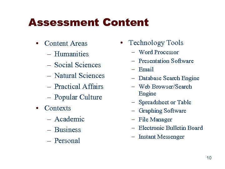 Assessment Content • Content Areas – Humanities – Social Sciences – Natural Sciences –