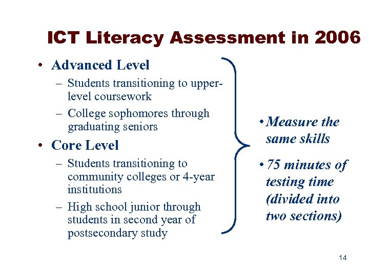 ICT Literacy Assessment in 2006 • Advanced Level – Students transitioning to upperlevel coursework