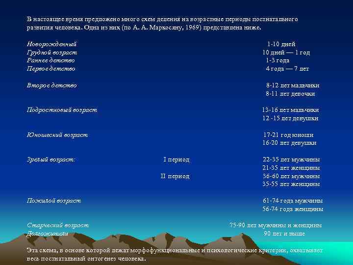 В настоящее время предложено много схем деления на возрастные периоды постнатального развития человека. Одна