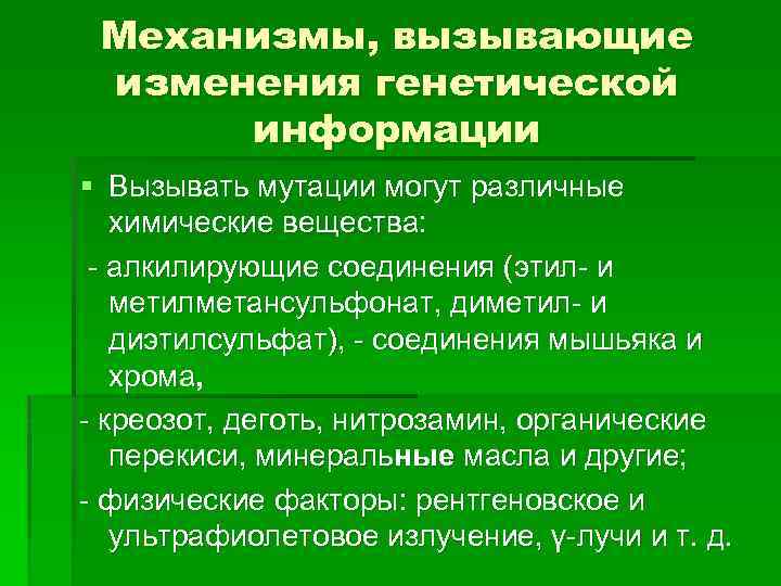 Механизмы, вызывающие изменения генетической информации § Вызывать мутации могут различные химические вещества: алкилирующие соединения