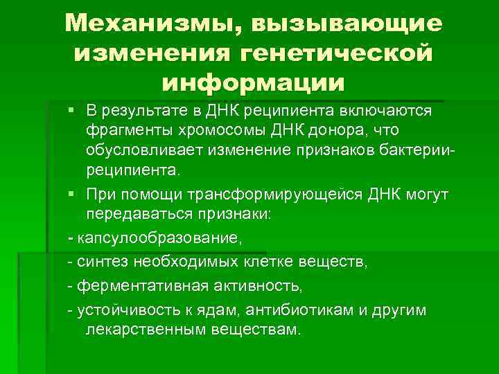 Механизмы, вызывающие изменения генетической информации § В результате в ДНК реципиента включаются фрагменты хромосомы