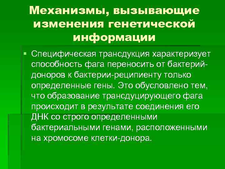 Механизмы, вызывающие изменения генетической информации § Специфическая трансдукция характеризует способность фага переносить от бактерий