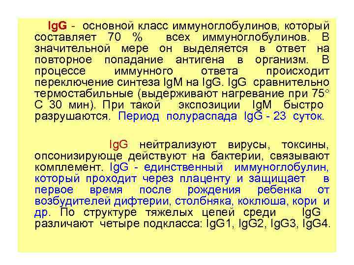 Ig. G - основной класс иммуноглобулинов, который составляет 70 % всех иммуноглобулинов. В значительной