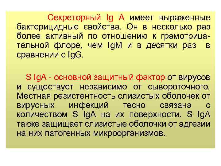 Секреторный Ig А имеет выраженные бактерицидные свойства. Он в несколько раз более активный по