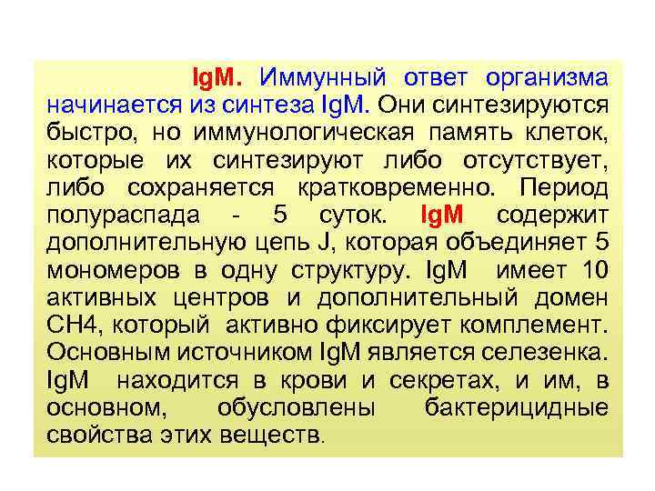 Ig. M. Иммунный ответ организма начинается из синтеза Ig. M. Они синтезируются быстро, но