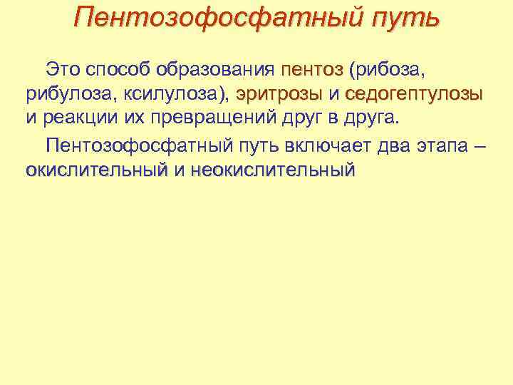 Пентозофосфатный путь Это способ образования пентоз (рибоза, пентоз рибулоза, ксилулоза), эритрозы и седогептулозы эритрозы