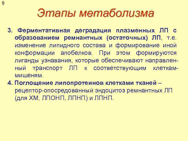 9 Этапы метаболизма 3. Ферментативная деградация плазменных ЛП с образованием ремнантных (остаточных) ЛП, т.