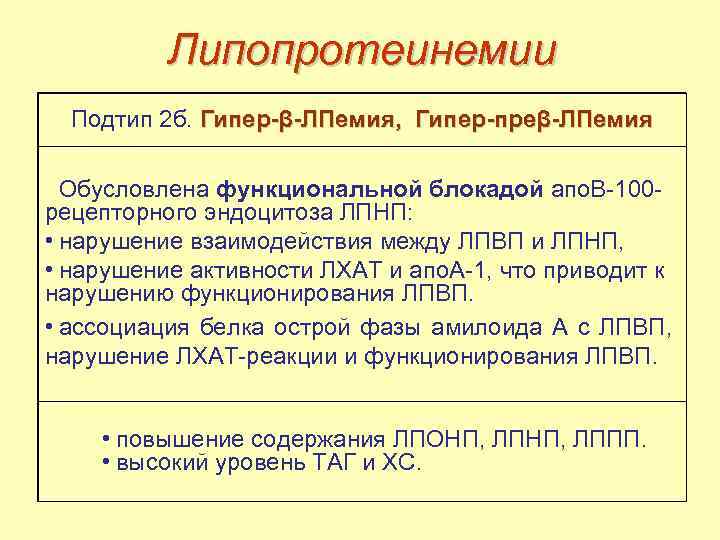 Липопротеинемии Подтип 2 б. Гипер-β-ЛПемия, Гипер-преβ-ЛПемия Обусловлена функциональной блокадой апо. В-100 рецепторного эндоцитоза ЛПНП: