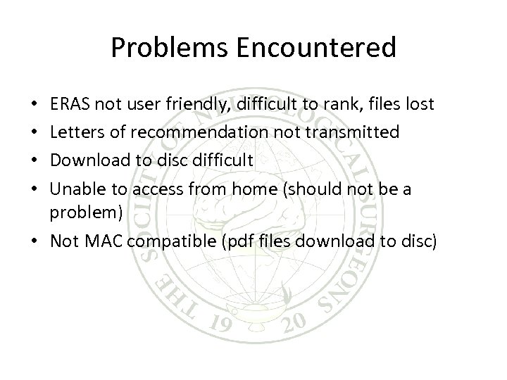 Problems Encountered ERAS not user friendly, difficult to rank, files lost Letters of recommendation