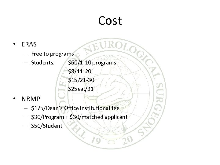 Cost • ERAS – Free to programs – Students: $60/1 -10 programs $8/11 -20
