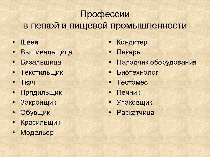 Профессии в легкой и пищевой промышленности • • • Швея Вышивальщица Вязальщица Текстильщик Ткач