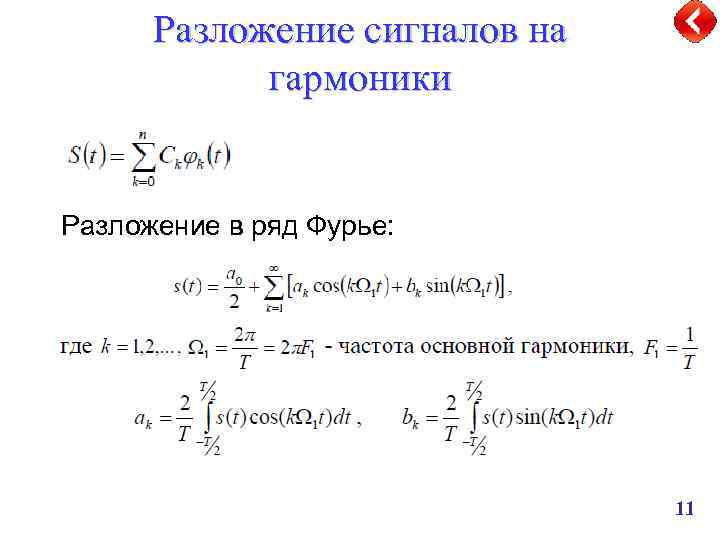 Разложение сигналов на гармоники Разложение в ряд Фурье: 11 