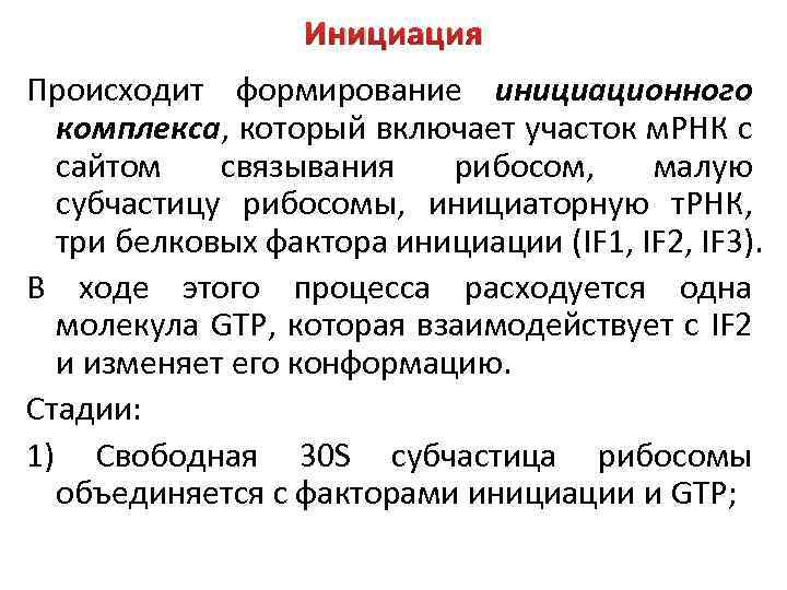 Инициация Происходит формирование инициационного комплекса, который включает участок м. РНК с сайтом связывания рибосом,