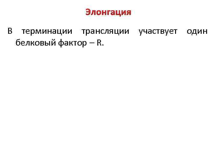 Элонгация В терминации трансляции участвует один белковый фактор – R. 