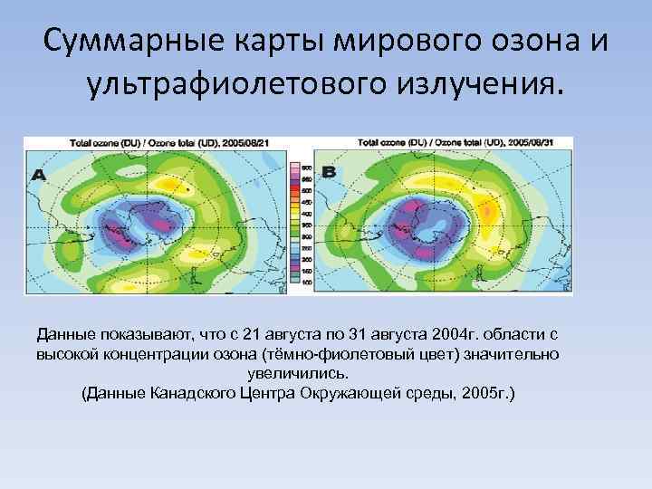 Суммарные карты мирового озона и ультрафиолетового излучения. Данные показывают, что с 21 августа по