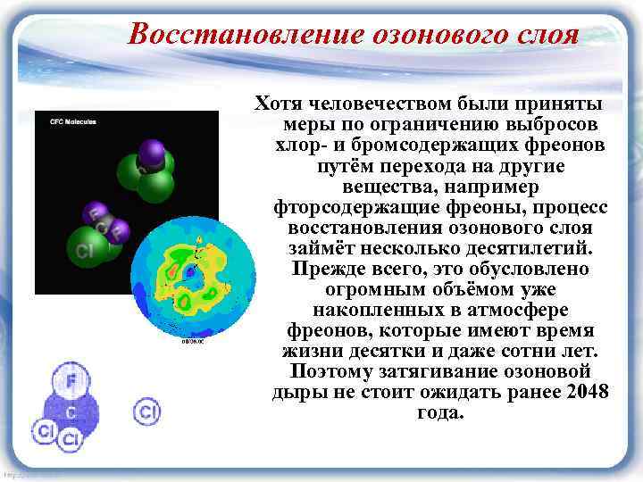 Восстановление озонового слоя Хотя человечеством были приняты меры по ограничению выбросов хлор- и бромсодержащих