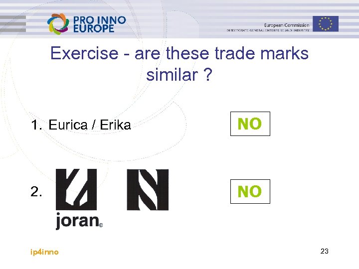 Exercise - are these trade marks similar ? 1. Eurica / Erika NO 2.