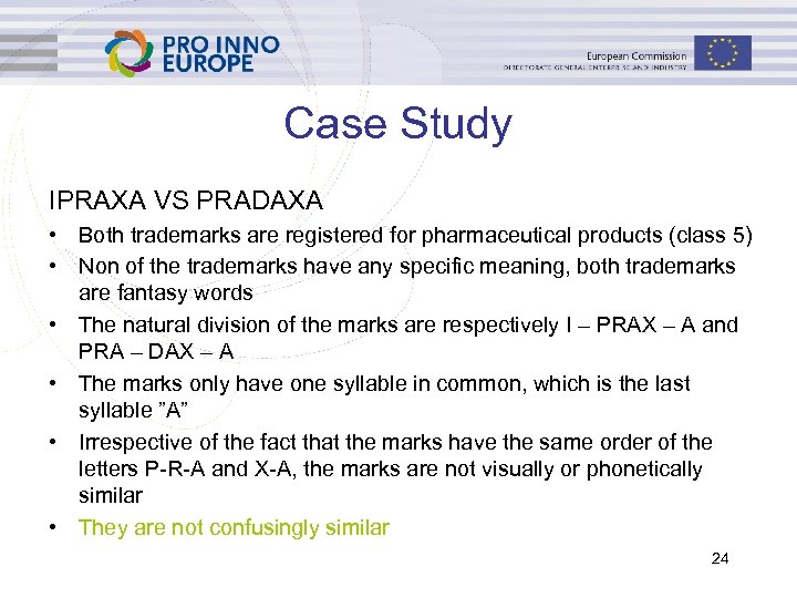 Case Study IPRAXA VS PRADAXA • Both trademarks are registered for pharmaceutical products (class