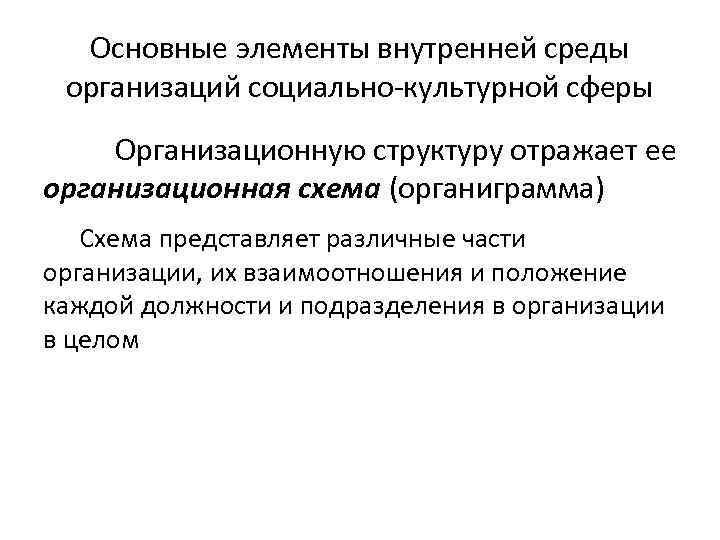 Основные элементы внутренней среды организаций социально-культурной сферы Организационную структуру отражает ее организационная схема (органиграмма)