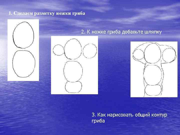 1. Сделаем разметку ножки гриба 2. К ножке гриба добавьте шляпку 3. Как нарисовать