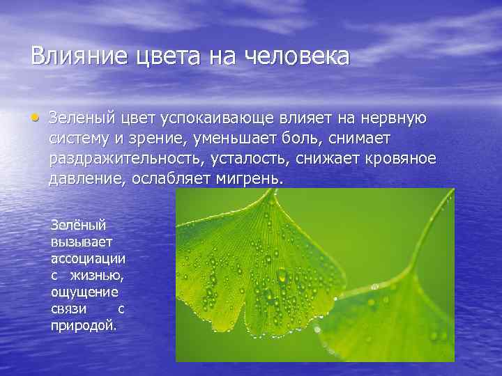 Влияние цвета на человека • Зеленый цвет успокаивающе влияет на нервную систему и зрение,