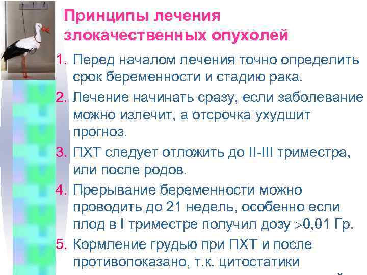 Принципы лечения злокачественных опухолей 1. Перед началом лечения точно определить срок беременности и стадию