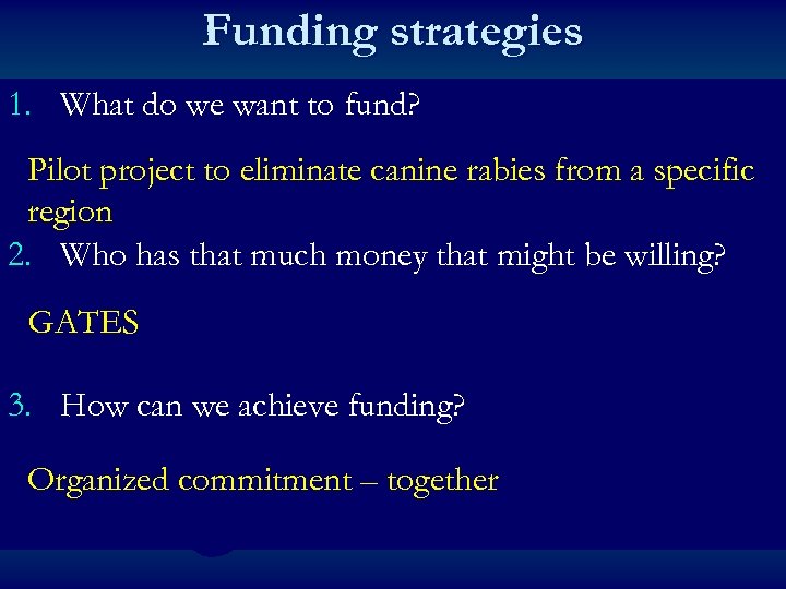 Funding strategies 1. What do we want to fund? Pilot project to eliminate canine