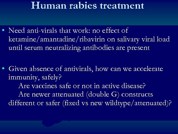 Human rabies treatment • Need anti-virals that work: no effect of ketamine/amantadine/ribavirin on salivary