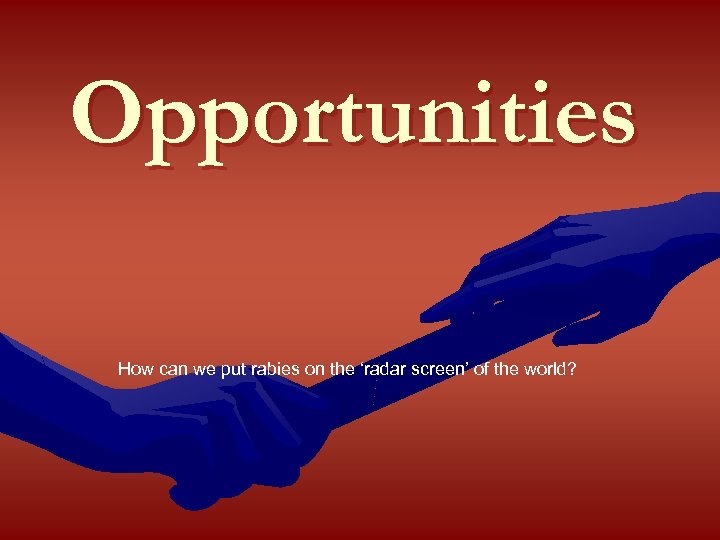 Opportunities How can we put rabies on the ‘radar screen’ of the world? 