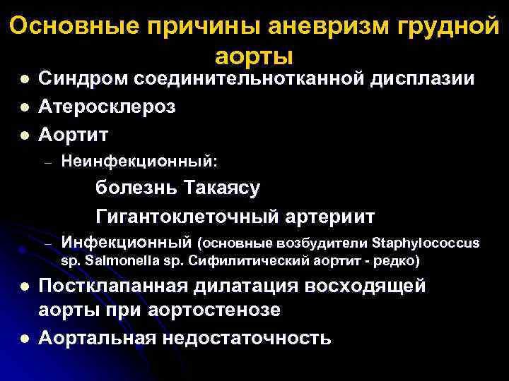 Основные причины аневризм грудной аорты l l l Синдром соединительнотканной дисплазии Атеросклероз Аортит -