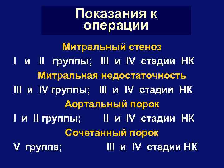 Показания к операции Митральный стеноз I и II группы; III и IV стадии НК