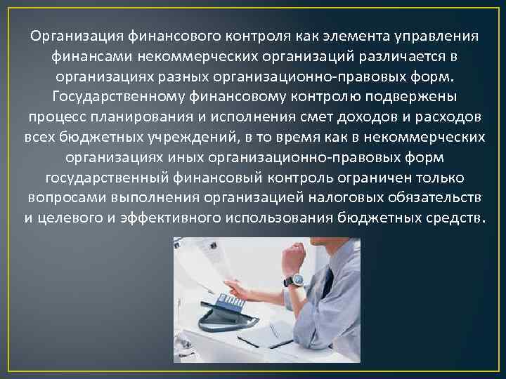 Организация финансового контроля как элемента управления финансами некоммерческих организаций различается в организациях разных организационно-правовых