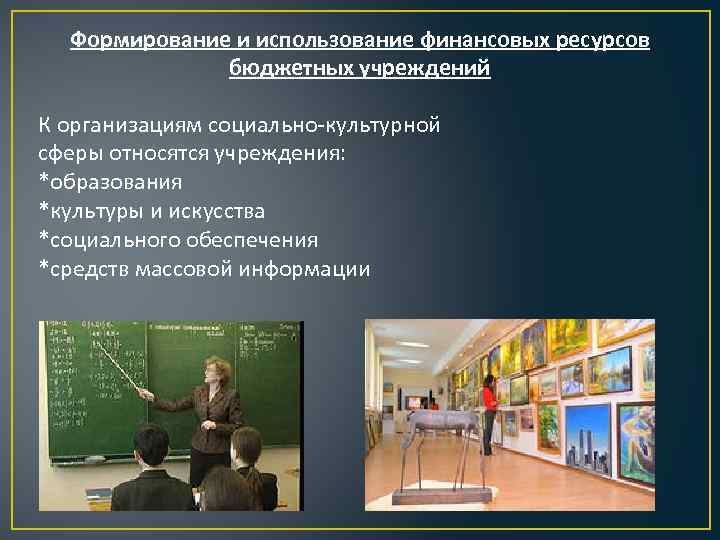 Формирование и использование финансовых ресурсов бюджетных учреждений К организациям социально-культурной сферы относятся учреждения: *образования