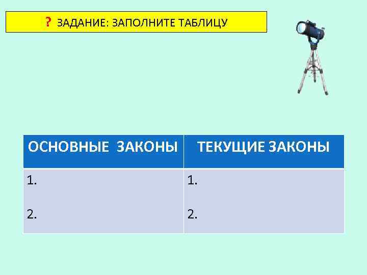 ? ЗАДАНИЕ: ЗАПОЛНИТЕ ТАБЛИЦУ ОСНОВНЫЕ ЗАКОНЫ ТЕКУЩИЕ ЗАКОНЫ 1. 2. 