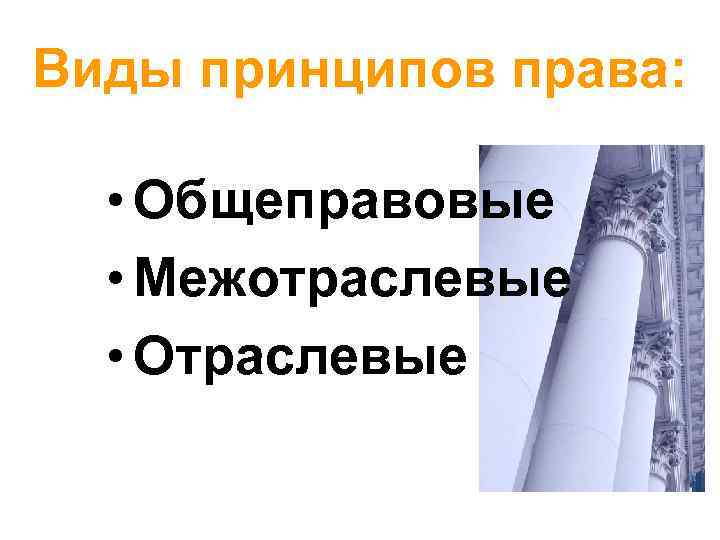 Виды принципов права: • Общеправовые • Межотраслевые • Отраслевые 