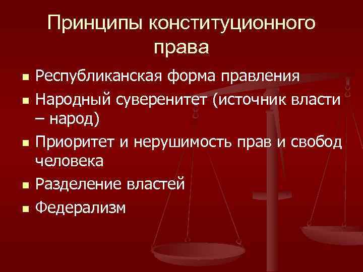 Принципы конституционного права n n n Республиканская форма правления Народный суверенитет (источник власти –