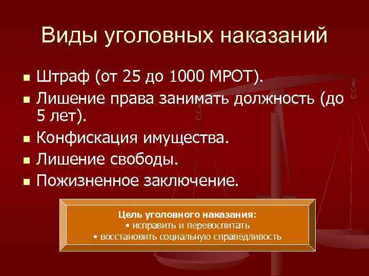 Виды уголовных наказаний n n n Штраф (от 25 до 1000 МРОТ). Лишение права