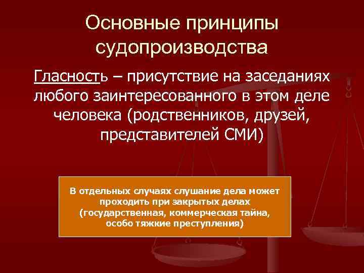 Основные принципы судопроизводства Гласность – присутствие на заседаниях любого заинтересованного в этом деле человека