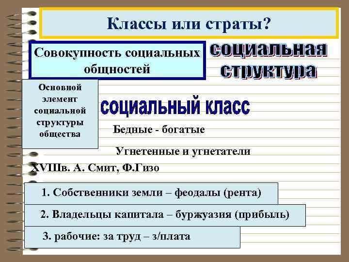 Классы или страты? Совокупность социальных общностей Основной элемент социальной структуры общества Бедные - богатые