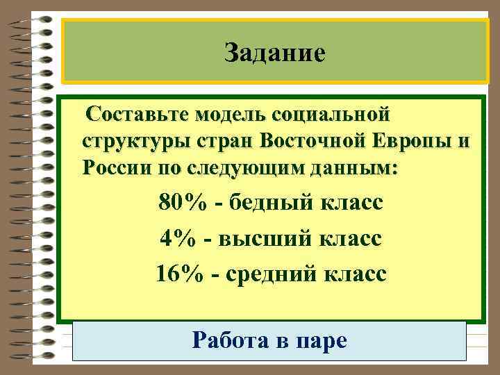 Задание Составьте модель социальной структуры стран Восточной Европы и России по следующим данным: 80%