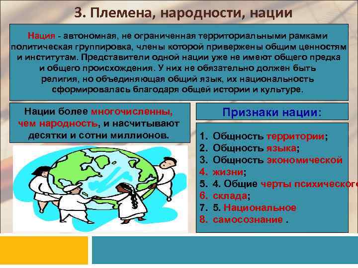 3. Племена, народности, нации Нация - автономная, не ограниченная территориальными рамками политическая группировка, члены