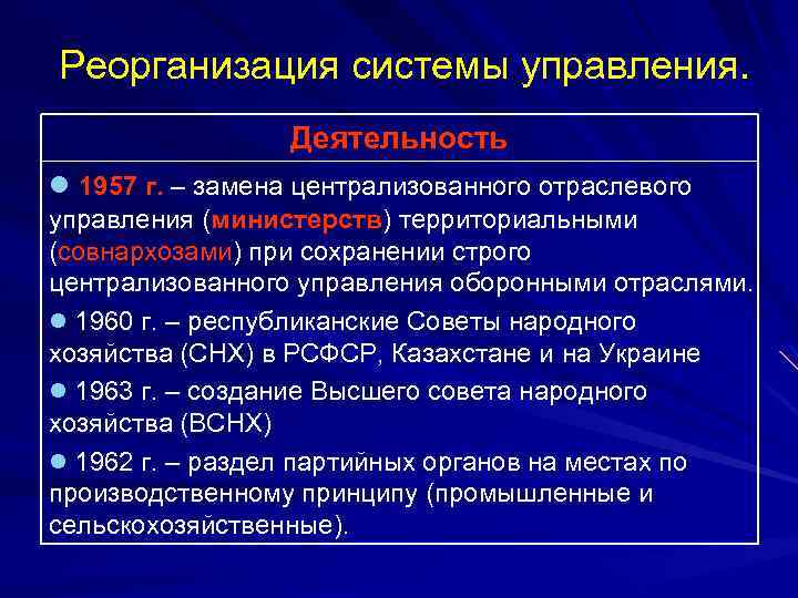 Реформа народного хозяйства совнархозы. Реорганизации системы управления в 1957. Замена министерств совнархозами. Замена централизованного отраслевого управления территориальным. Реформа совнархозов 1957.