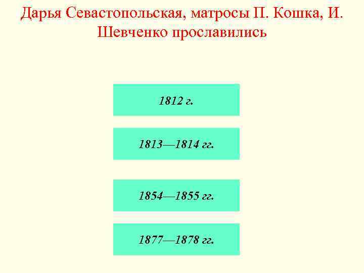 Дарья Севастопольская, матросы П. Кошка, И. Шевченко прославились 1812 г. 1813— 1814 гг. 1854—