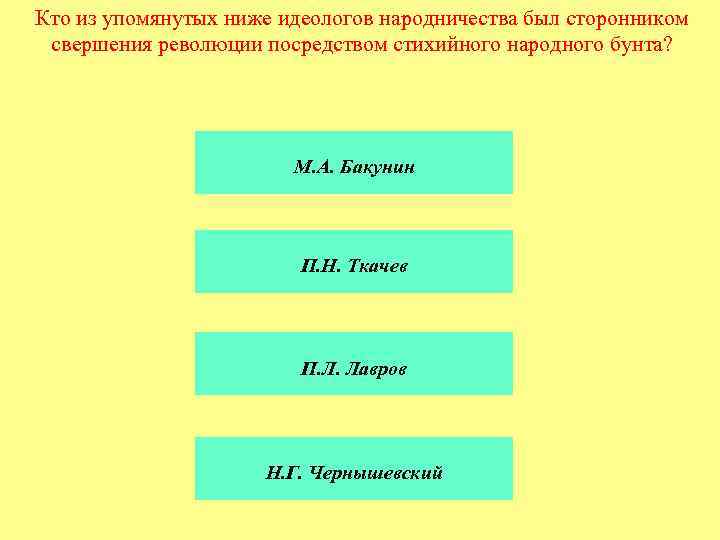 Кто из упомянутых ниже идеологов народничества был сторонником свершения революции посредством стихийного народного бунта?