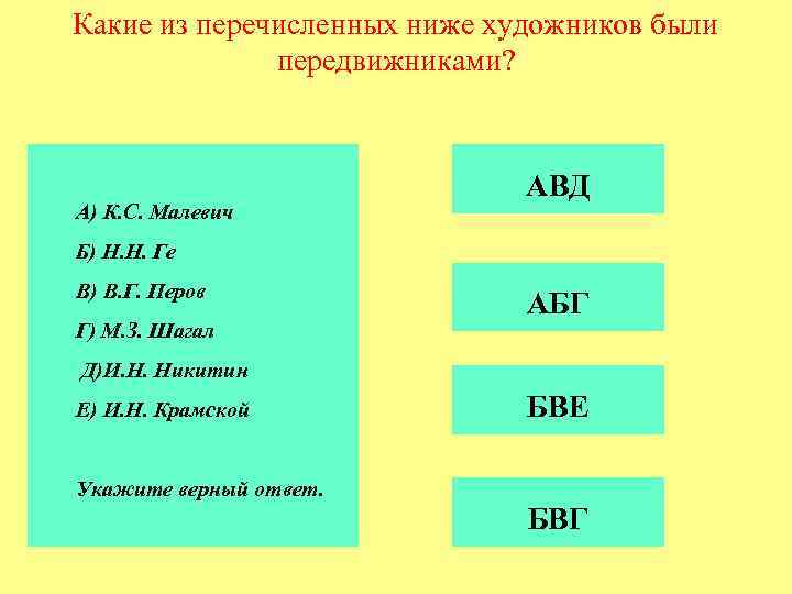 Какие из перечисленных ниже художников были передвижниками? А) К. С. Малевич АВД Б) Н.