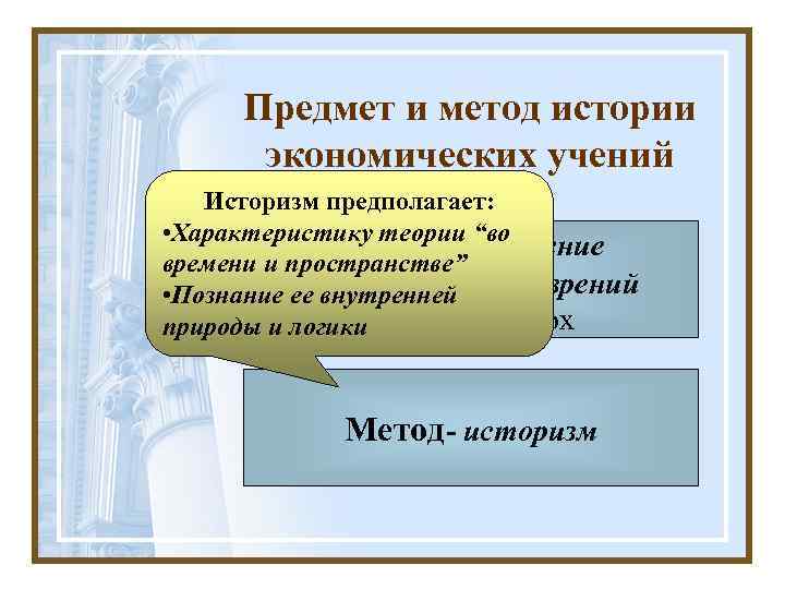 Предмет и метод истории экономических учений Историзм предполагает: • Характеристику теории “во Предмет- изучение