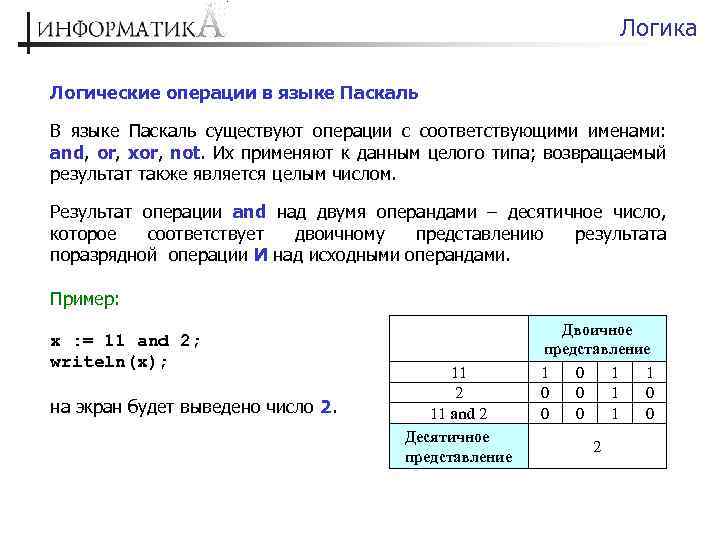 Логика Логические операции в языке Паскаль В языке Паскаль существуют операции с соответствующими именами: