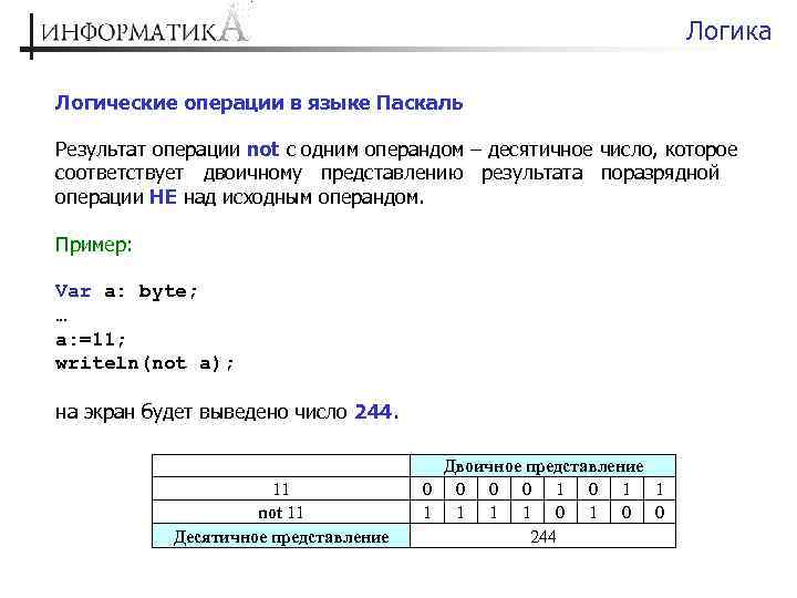 Логика Логические операции в языке Паскаль Результат операции not с одним операндом – десятичное