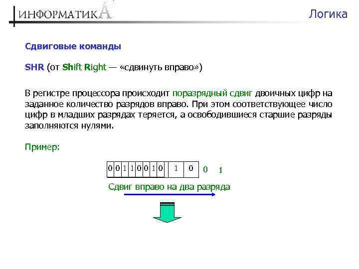 Логика Сдвиговые команды SHR (от Shift Right — «сдвинуть вправо» ) В регистре процессора